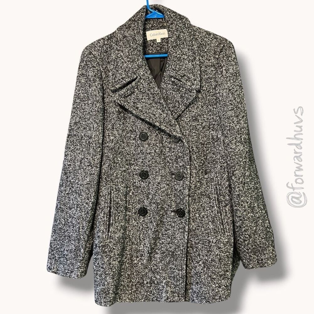 ☑️ Calvin Klein Wool Blend Peacoat Jacket Gray Black Size 16